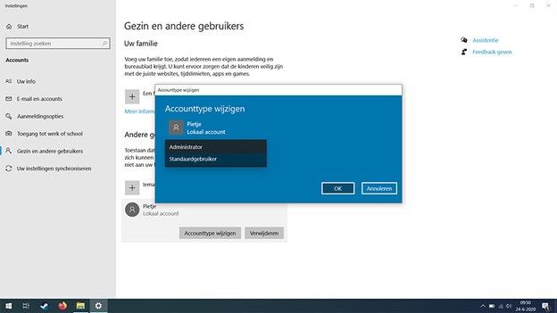 Changer le type de compte dans Windows 10.
