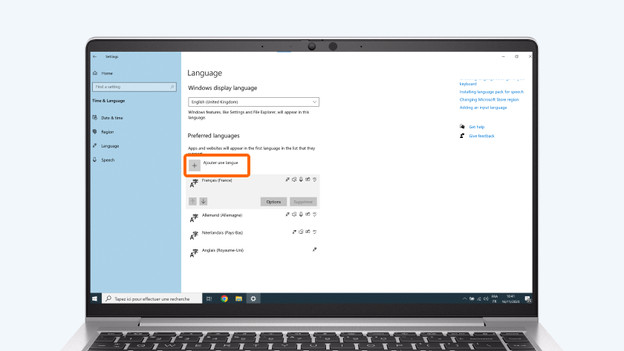 Paramètres de région et de langue sur Windows 10.