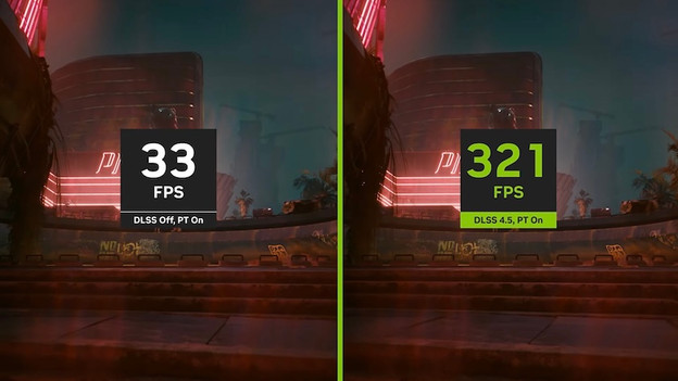 Capture d'écran de la vidéo de démonstration de NVIDIA DLSS 4.5, qui montre la différence de fps avec et sans DLSS.