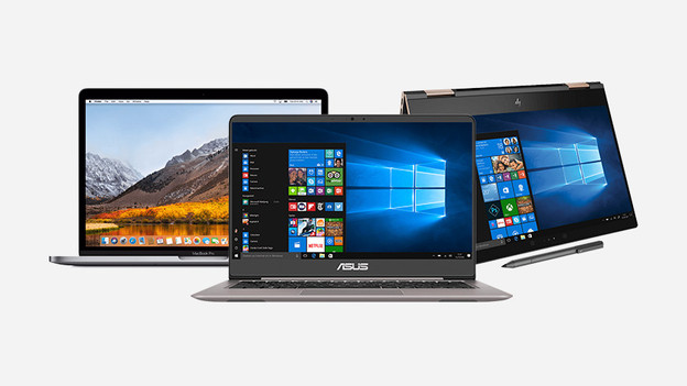 MacBook, Asus, and HP laptop.