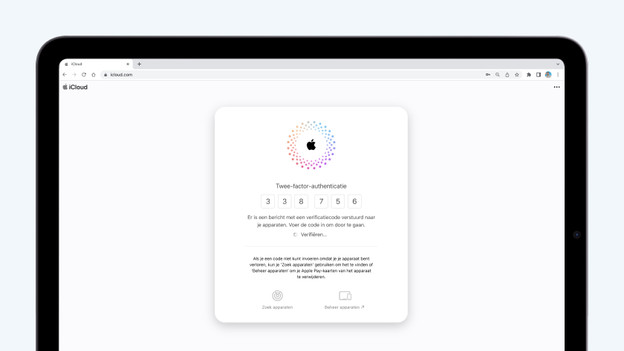 Twee-factor authenticatie aan? Voer de code in die op je andere Apple apparaat verschijnt.