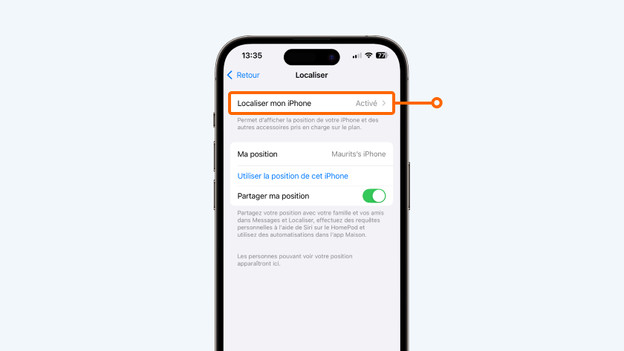 Appuyez sur « Localiser mon iPhone ».