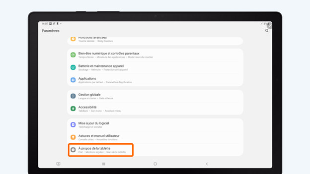 Allez à « À propos de la tablette ».