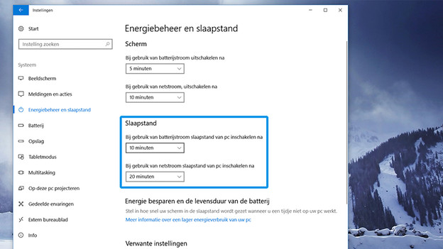 Slaapstand instellingen in Windows. 