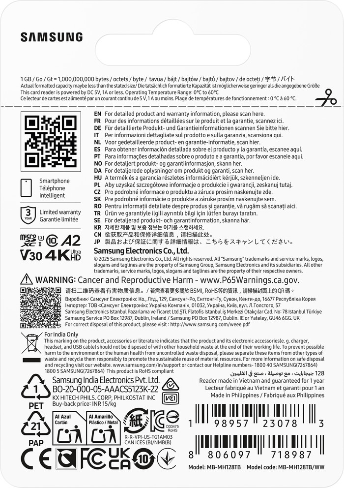 Samsung MicroSDXC T9 128GB 200MB/s + USB lezer verpakking