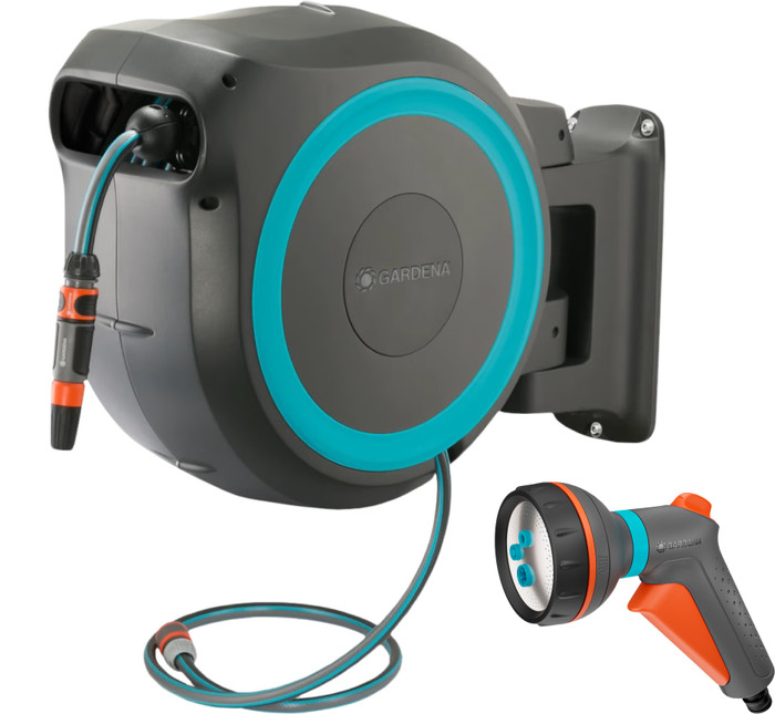 Gardena Wandslangenbox 25 RollUp M/L Blauw + Gardena Classic Multifunctionele Broes Main Image