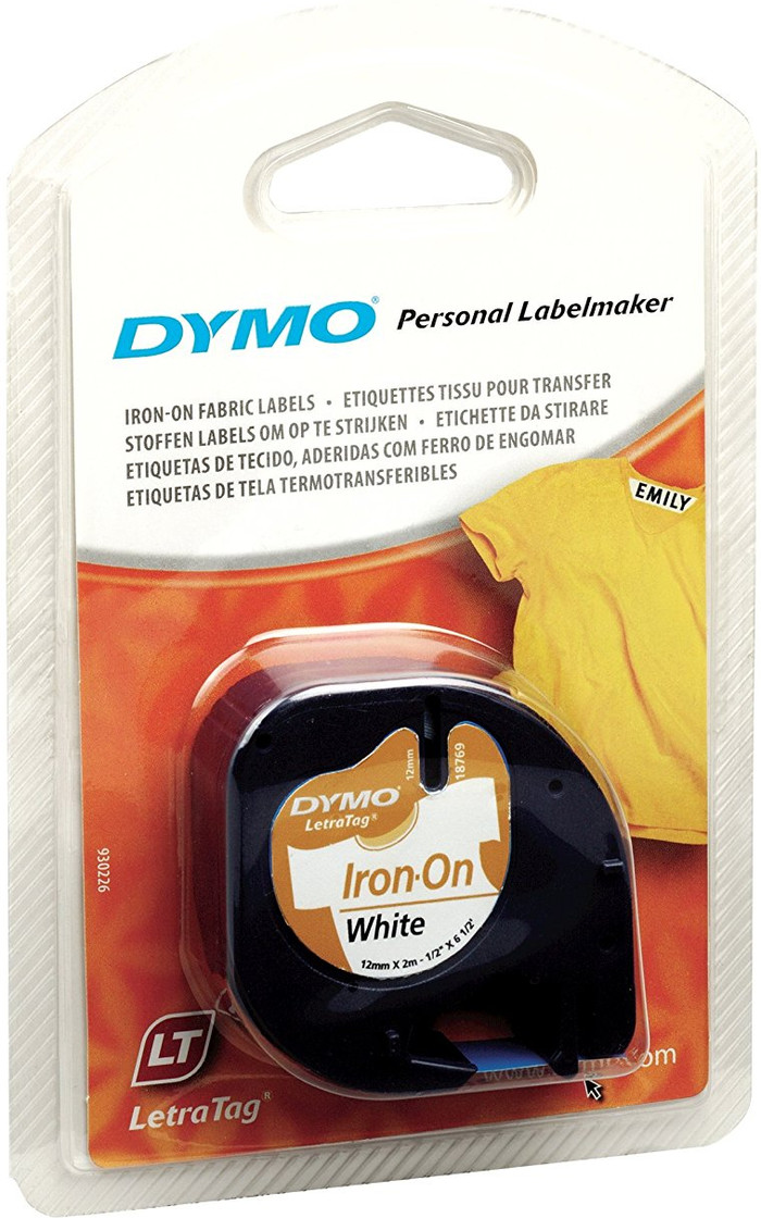 DYMO LetraTag Letter Tape 12mm x 2m Iron-on Black White packaging