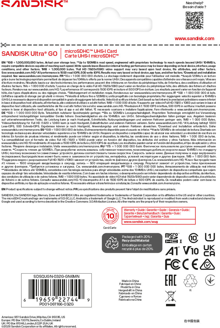 SANDISK Ultra GO microSDHC 32GB 120MB/s verpakking