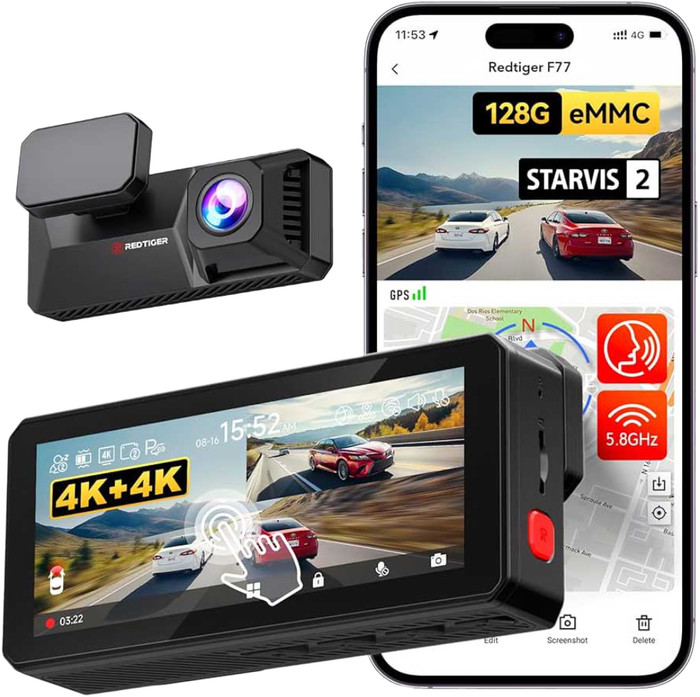Redtiger F77 V1 4K Touchscreen Wifi GPS 2CH 128GB achterkant
