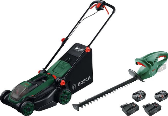 Bosch Rotak 18V2-38 + Bosch EasyHedgeCut 18-45 Li + Bosch Starterset 18V 4,0 Ah (2x) Main Image