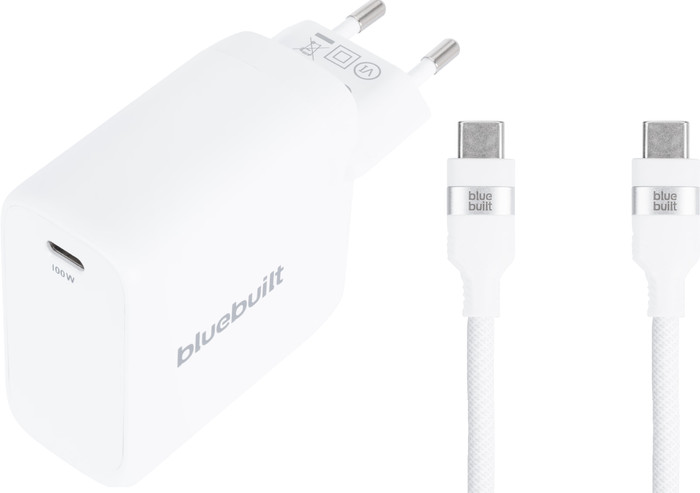 BlueBuilt 100W GaN Usb C Oplader Wit + Usb C Kabel 240W 2m Nylon Wit Main Image