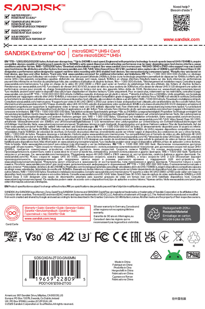 SANDISK Extreme GO microSDXC 2TB 240MB/s verpakking