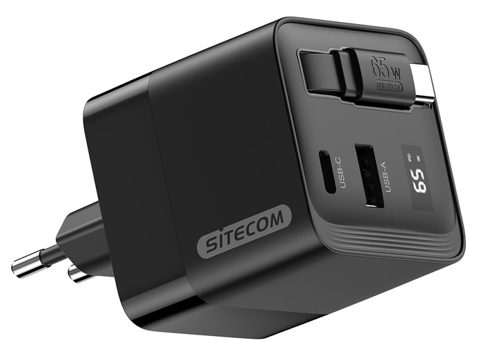 Sitecom 65W GaN Oplader met Uittrekbare Kabel voorkant