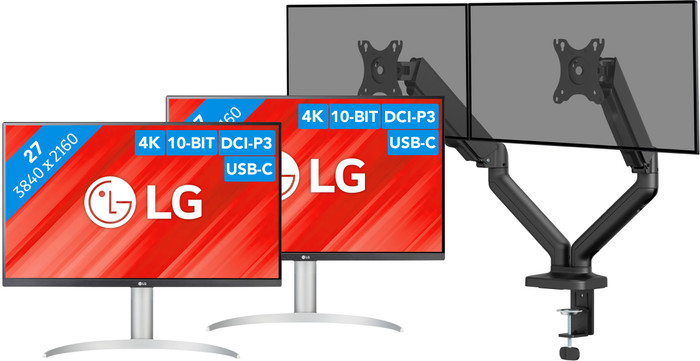 LG 27UP850K-W.AEU Duo Pack + BlueBuilt Monitorarm Mechanische Veer voor 2 Monitoren Main Image