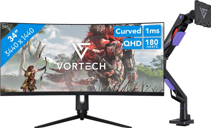 Vortech Pro 34 inch Quad HD Curved + Vortech Monitorarm met Gasveer Main Image