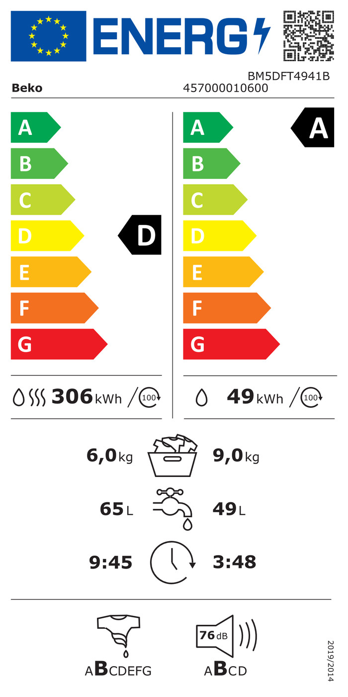 Beko BM5DFT4941B IronFinish - 9/6 kg energielabel