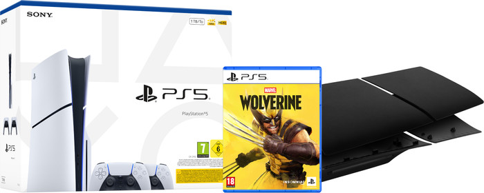 PlayStation 5 Slim Disc Edition + Marvel's Wolverine + Covers Zwart + Extra Controller Wit Main Image