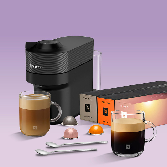 De'Longhi Nespresso Vertuo Pop ENV90.B + 30 capsules en 2 glazen kopjes bovenkant