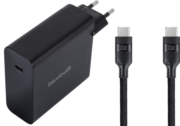 BlueBuilt 140W GaN Usb C Oplader Zwart + Usb C Kabel 240W 2m Nylon Zwart Main Image