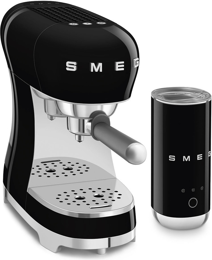 SMEG ECF12BLEU Zwart + melkopschuimer linkerkant