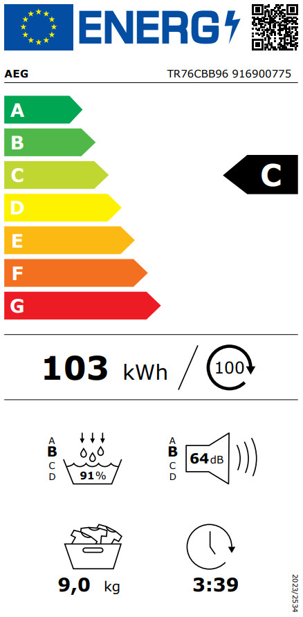 AEG TR76CBB96 SensiDry classe énergétique
