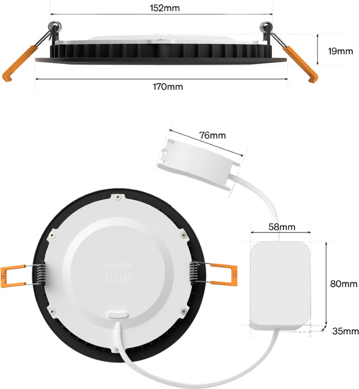 Philips Hue Inbouwspot Slim 6-Pack - White and Color - 170mm - Zwart detail