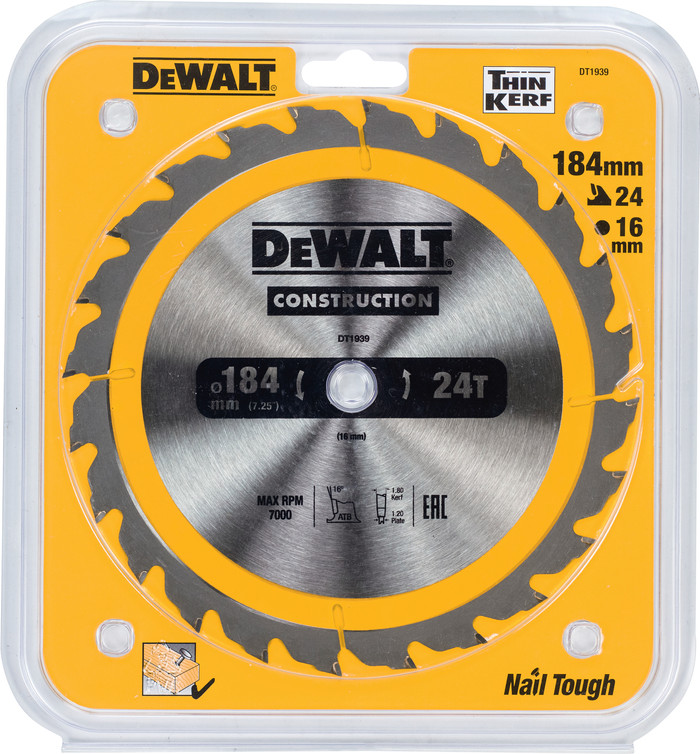 DeWalt Lame de scie pour Bois 184 x 16 x 1,8 mm (24T) emballage