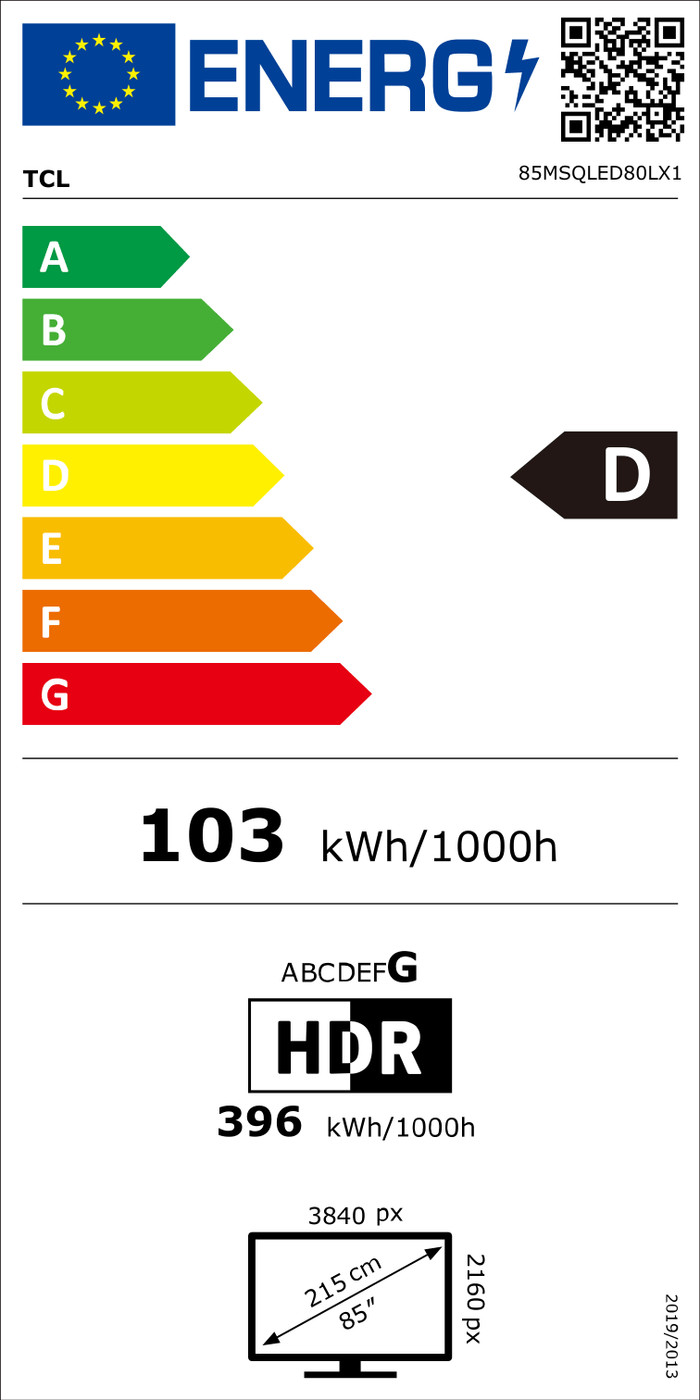 TCL SQD Mini-led 85" 80L (2026) energielabel