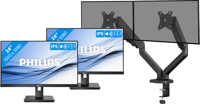 Philips 242B1G/00 Duo Pack + BlueBuilt Monitorarm Mechanische Veer voor 2 Monitoren Main Image