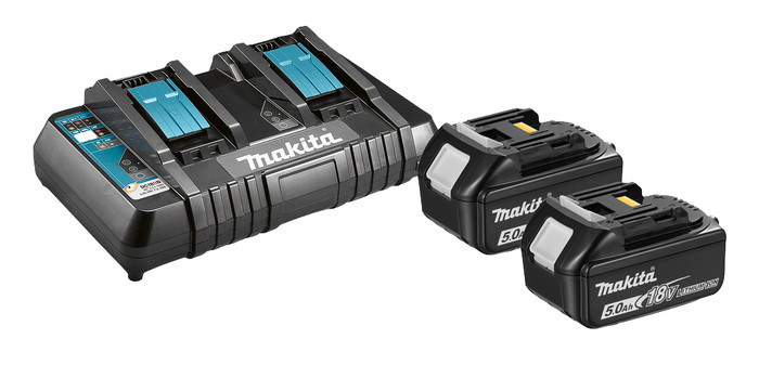Makita LXT 18V 5,0 Ah accu (2x) + snellader + Mbox voorkant
