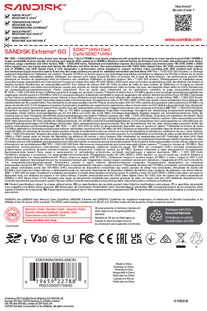 SANDISK Extreme GO SDXC 64GB 80MB/s verpakking
