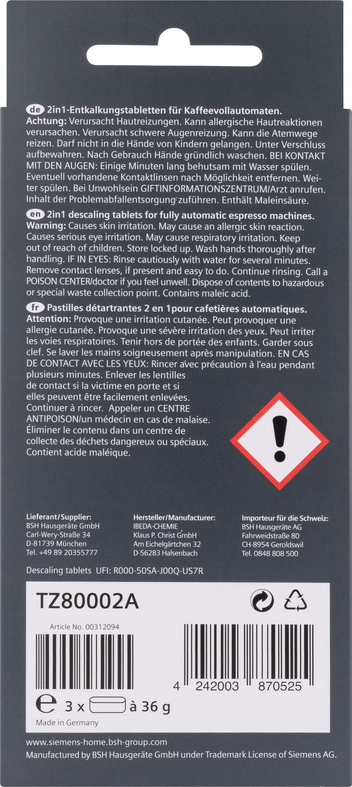 Siemens Descaling Tablets + Cleaning Tablets packaging