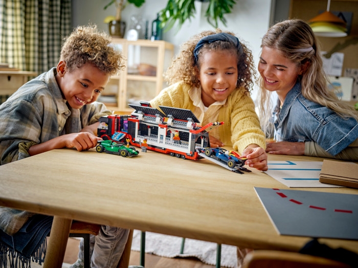 LEGO City F1 Truck with RB20 and AMR24 F1 Cars 60445 product in use