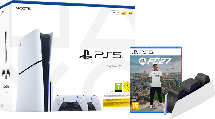 PlayStation 5 Slim Disc Edition + FC 27 + Manette Supplémentaire Blanc + Station de Charge Main Image