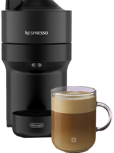 De'Longhi Nespresso Vertuo Pop ENV90.B + 30 capsules en 2 glazen kopjes voorkant