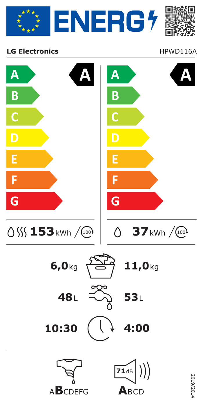 LG HPWD116A - 11/6 kg energielabel