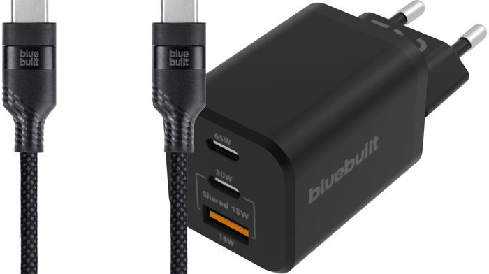 BlueBuilt Power Delivery Oplader 2 Usb C Poorten 65W + Usb C Kabel 1,5m Nylon Zwart Main Image