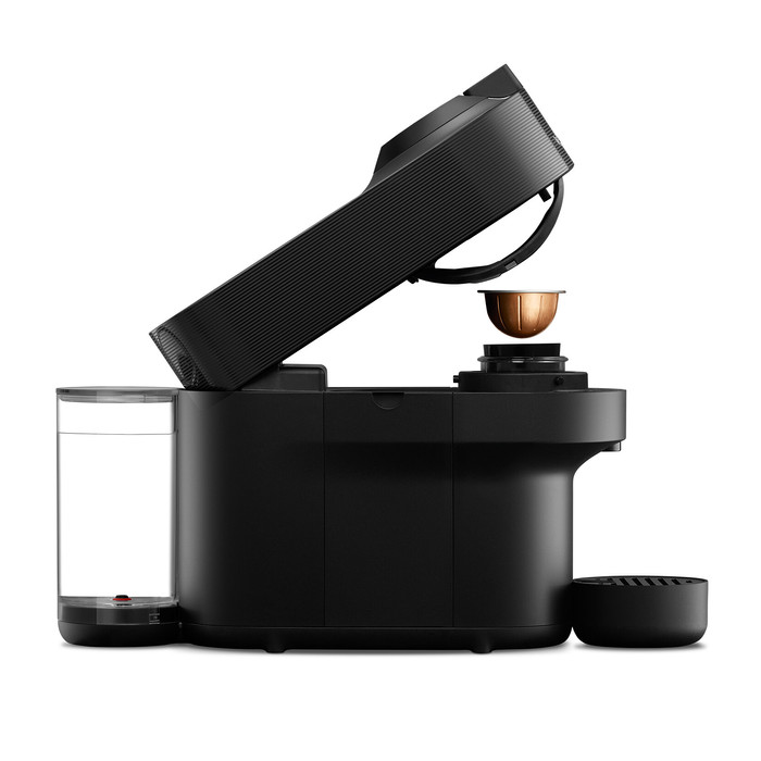 De'Longhi Nespresso Vertuo Pop ENV90.B + 30 Capsules and 2 glass cups right side