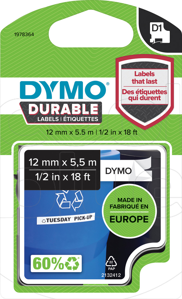 DYMO Durable D1 Tape 12mm x 5.5m Black White Label Main Image