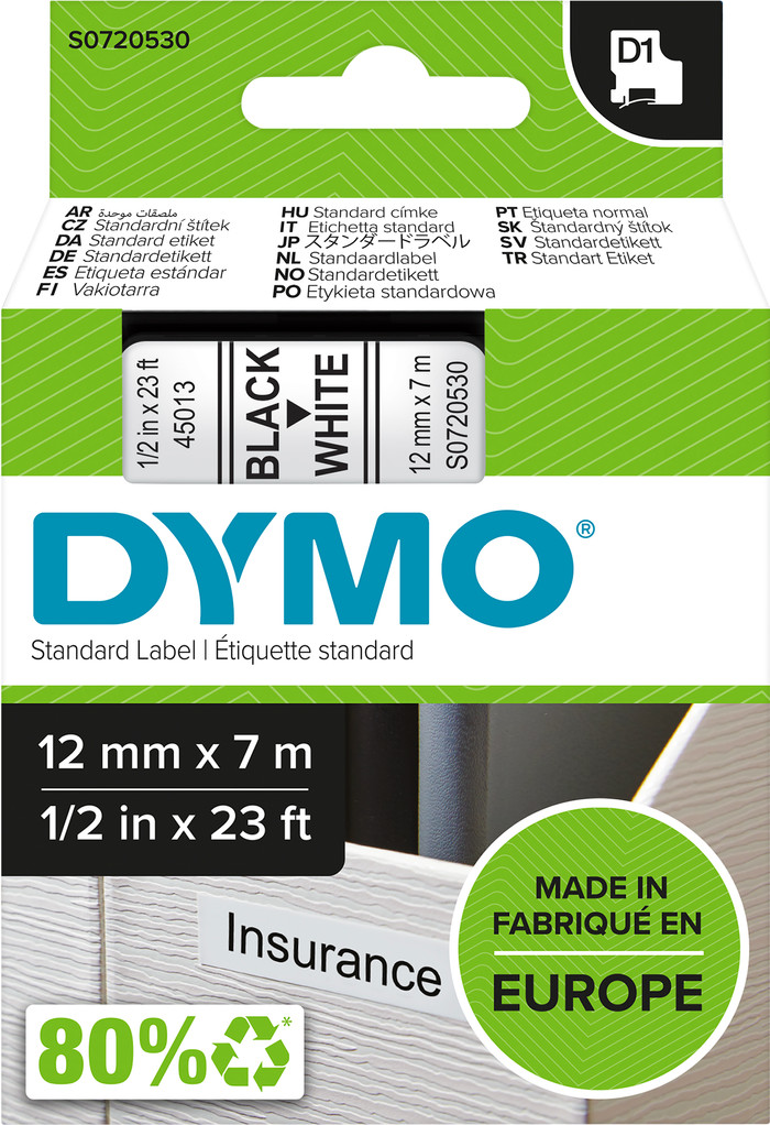 DYMO D1 12 mm x 7 m Noir Blanc Étiquettes Main Image