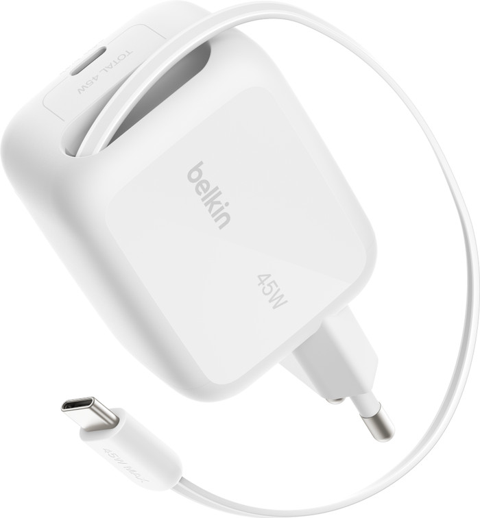 Belkin BoostCharge Pro Oplader 45W Usb C Wit + Usb C Intrekbare Kabel 0,8m Kunststof Wit detail