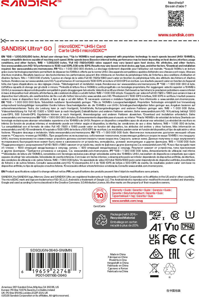 SANDISK Ultra GO microSDXC 64GB 140MB/s verpakking