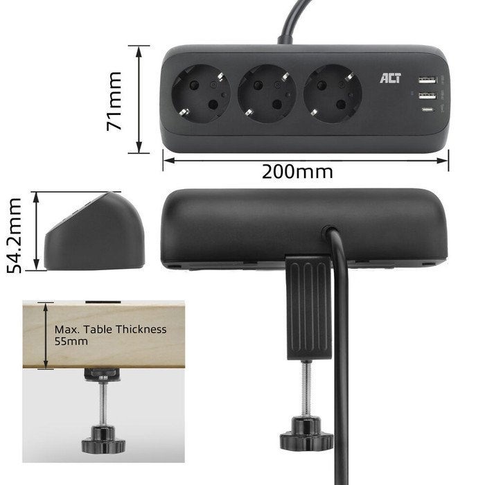 ACT AC2480 Bureau Stekkerdoos 3-voudig 1,5 meter 3x Usb 30W Zwart visual leverancier