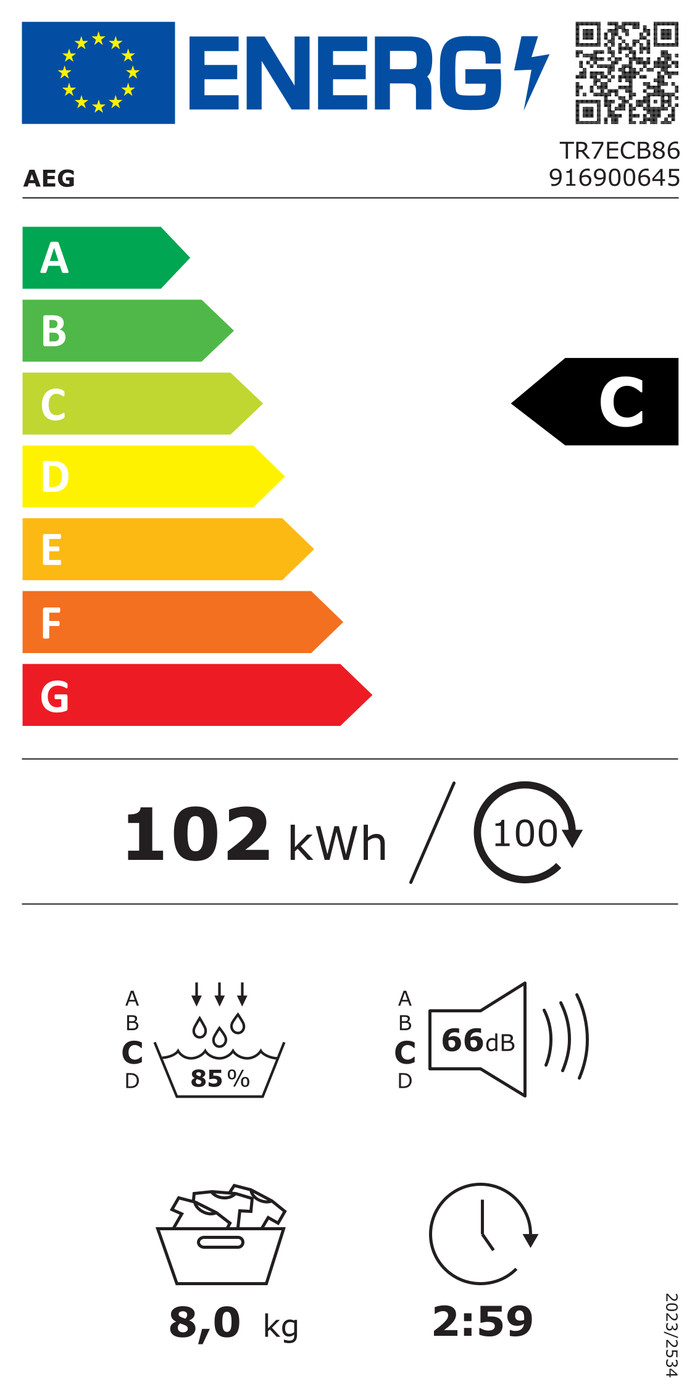 AEG TR7ECB86 7000 SensiDry classe énergétique