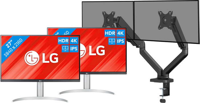 LG 27UP83AK-W Lot de 2 + BlueBuilt Bras d'Écran PC Vérin Mécanique pour 2 Écrans Main Image