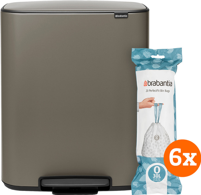 Brabantia Bo Pedal Bin 2 x 30 Litres Platinum + Sacs Poubelle (120 pièces) Main Image