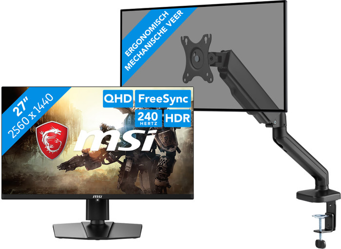 MSI MAG 271QPX QD-OLED E2 + BlueBuilt Monitorarm Gasveer voor 1 Monitor Main Image