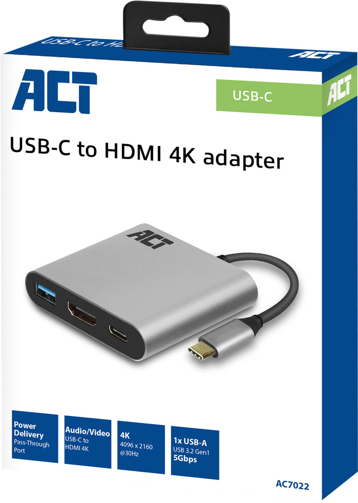 ACT USB-C to USB and HDMI adapter with Power Delivery packaging