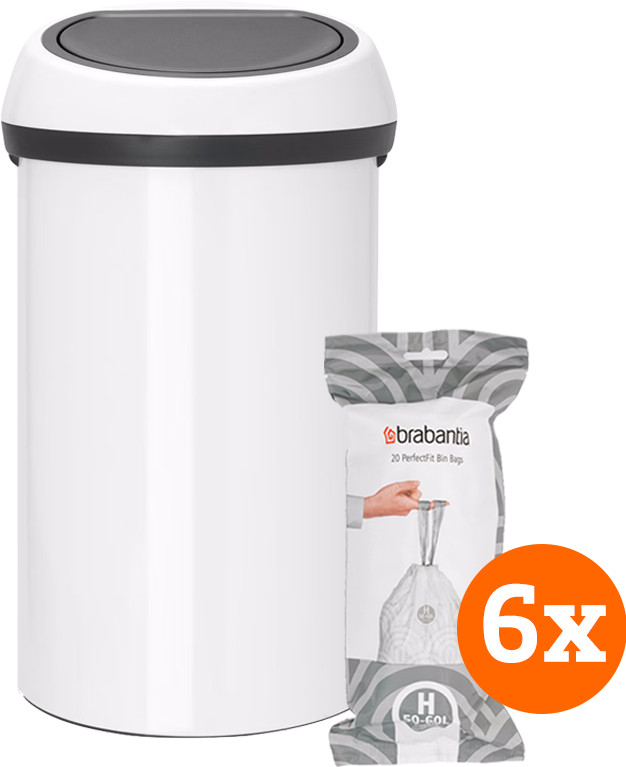 Brabantia Touch Bin 60 Liter White + Vuilniszakken (120 stuks) Main Image