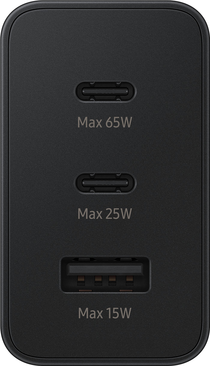 Samsung Charger with 3 USB Ports 65W Black + USB-C Cable Nylon Black 1.5m front